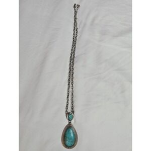 Shyanne Womens Faux Turquoise Double Teardrop Pendant Necklace Silver Tone 24in